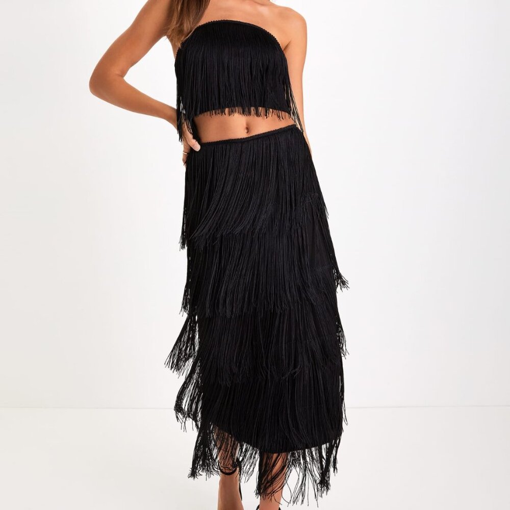 Lulus NWT Fringe Black Strapless Top and Skirt